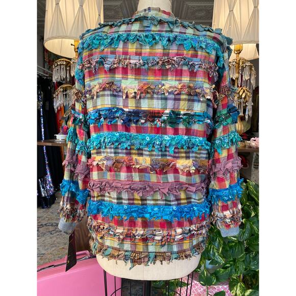 vintage 1990s Paula Sweet plaid fringe oversized rag jacket - Picture 6 of 8